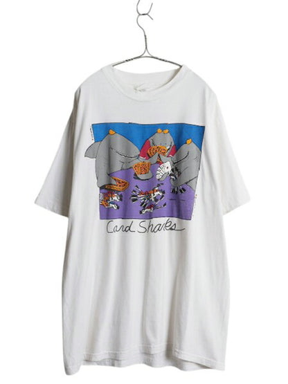 90s サメ ジョーク イラスト プリント Tシャツ メンズ XL オールド グラフィック アニマル キャラクター シングルステッチ 大きいサイズ 白