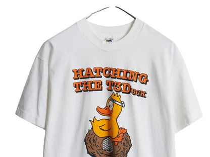 90s USA製 企業 キャラクター イラスト プリント Tシャツ メンズ L / オールド ダック アニマル グラフィック シングルステッチ 当時物 白
