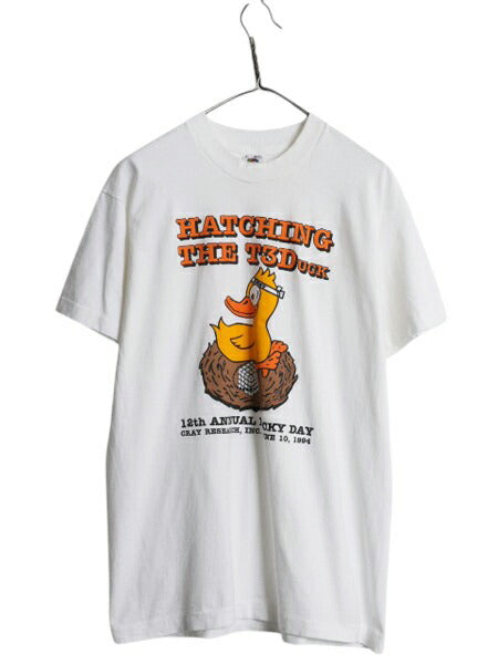 90s USA製 企業 キャラクター イラスト プリント Tシャツ メンズ L / オールド ダック アニマル グラフィック シングルステッチ 当時物 白