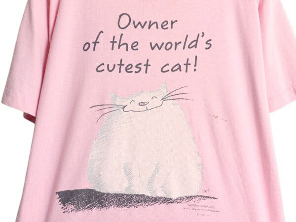 80s ネコ イラスト プリント Tシャツ メンズ レディース M 古着 ヴィンテージ アニマル メッセージ グラフィック アート シングルステッチ