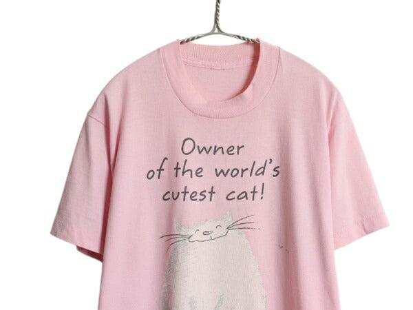 80s ネコ イラスト プリント Tシャツ メンズ レディース M 古着 ヴィンテージ アニマル メッセージ グラフィック アート シングルステッチ