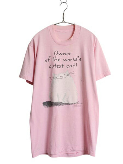 80s ネコ イラスト プリント Tシャツ メンズ レディース M 古着 ヴィンテージ アニマル メッセージ グラフィック アート シングルステッチ