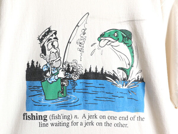 90s USA製 ■ フィッシング イラスト プリント 半袖 Tシャツ メンズ L / 古着 90年代 オールド アウトドア ジョーク ヘビーウェイト アート