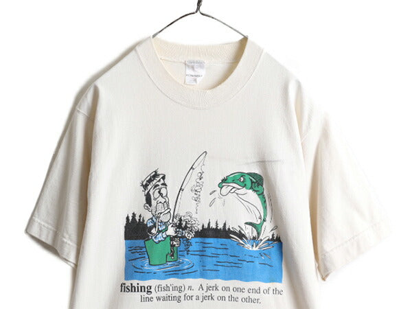 90s USA製 ■ フィッシング イラスト プリント 半袖 Tシャツ メンズ L / 古着 90年代 オールド アウトドア ジョーク ヘビーウェイト アート