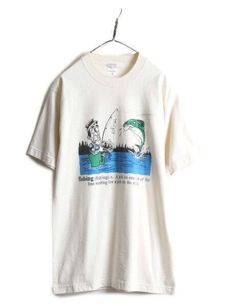 90s USA製 ■ フィッシング イラスト プリント 半袖 Tシャツ メンズ L / 古着 90年代 オールド アウトドア ジョーク ヘビーウェイト アート