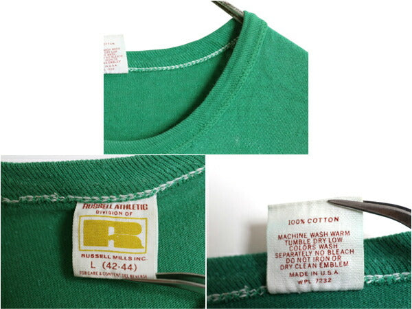 70s USA製 ラッセル 2段 プリント Tシャツ L 小さめ メンズ レディース M 程/ 古着 ヴィンテージ 金タグ 100% COTTON シングルステッチ 緑
