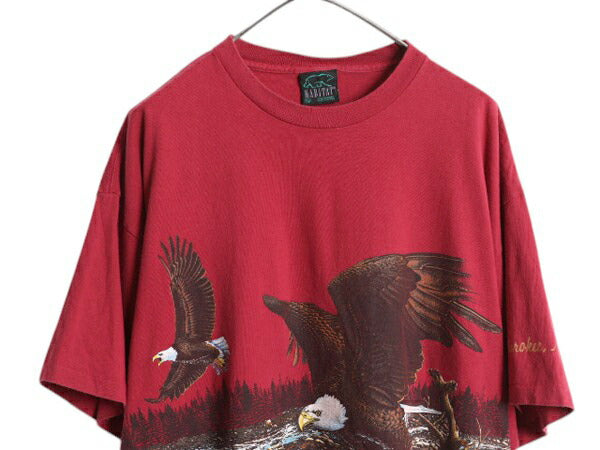 90s USA製 イーグル アート イラスト 両面 プリント Tシャツ メンズ XL / オールド アニマル グラフィック シングルステッチ 大きいサイズ