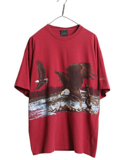 90s USA製 イーグル アート イラスト 両面 プリント Tシャツ メンズ XL / オールド アニマル グラフィック シングルステッチ 大きいサイズ