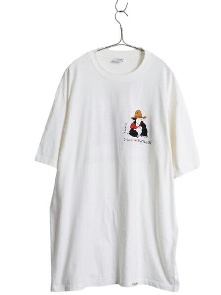 90s USA製 ウシ キャラクター イラスト プリント Tシャツ メンズ XL / 古着 オールド グラフィック ジョーク アニマル シングルステッチ 白