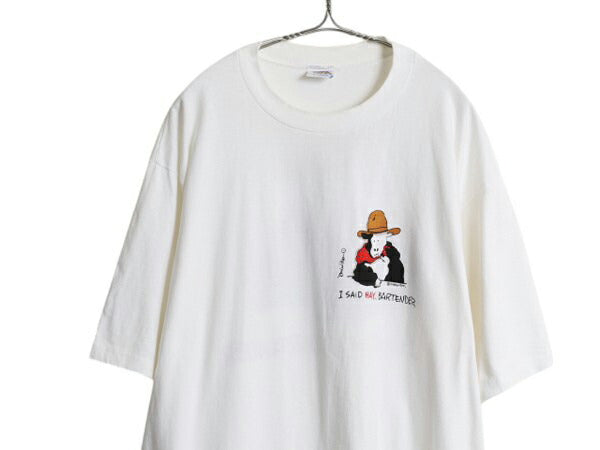 90s USA製 ウシ キャラクター イラスト プリント Tシャツ メンズ XL / 古着 オールド グラフィック ジョーク アニマル シングルステッチ 白