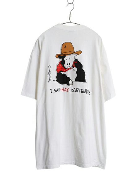 90s USA製 ウシ キャラクター イラスト プリント Tシャツ メンズ XL / 古着 オールド グラフィック ジョーク アニマル シングルステッチ 白