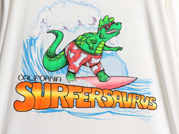 80s USA製 恐竜 キャラクター イラスト プリント Tシャツ メンズ XL ヴィンテージ サーフ グラフィック 大きいサイズ シングルステッチ 白
