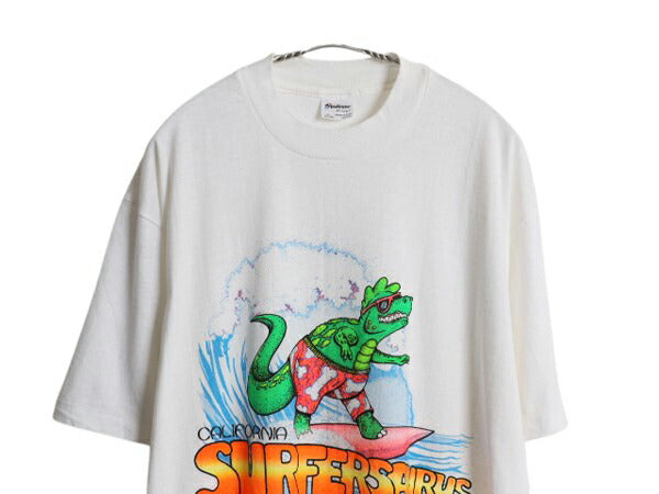 80s USA製 恐竜 キャラクター イラスト プリント Tシャツ メンズ XL ヴィンテージ サーフ グラフィック 大きいサイズ シングルステッチ 白