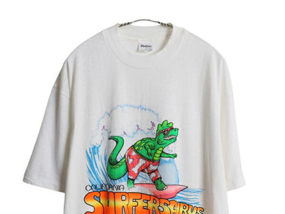 80s USA製 恐竜 キャラクター イラスト プリント Tシャツ メンズ XL ヴィンテージ サーフ グラフィック 大きいサイズ シングルステッチ 白