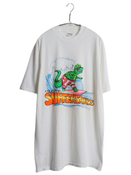 80s USA製 恐竜 キャラクター イラスト プリント Tシャツ メンズ XL ヴィンテージ サーフ グラフィック 大きいサイズ シングルステッチ 白