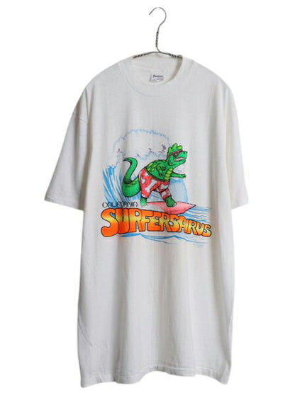 80s USA製 恐竜 キャラクター イラスト プリント Tシャツ メンズ XL ヴィンテージ サーフ グラフィック 大きいサイズ シングルステッチ 白