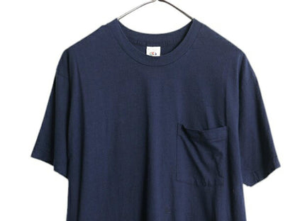 80s USA製 フルーツオブザルーム ポケット付き 無地 半袖 Tシャツ メンズ XL 小さめ L 程/ ヴィンテージ シングルステッチ ポケT 耳付き 紺