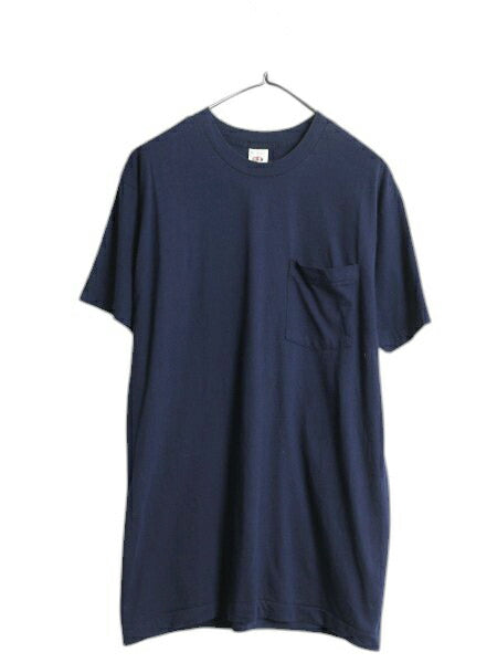 80s USA製 フルーツオブザルーム ポケット付き 無地 半袖 Tシャツ メンズ XL 小さめ L 程/ ヴィンテージ シングルステッチ ポケT 耳付き 紺