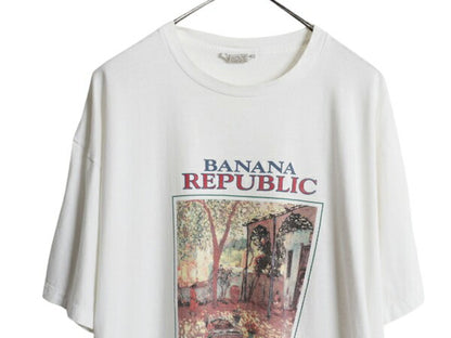 90s USA製 バナナリパブリック アート イラスト プリント Tシャツ メンズ XL オールド 当時物 シングルステッチ ホワイト 大きいサイズ 白
