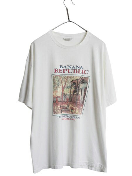 90s USA製 バナナリパブリック アート イラスト プリント Tシャツ メンズ XL オールド 当時物 シングルステッチ ホワイト 大きいサイズ 白