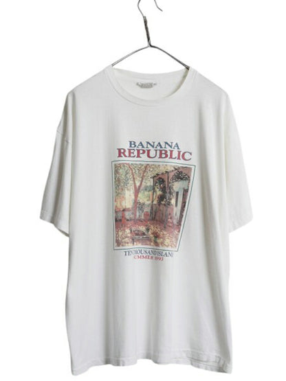 90s USA製 バナナリパブリック アート イラスト プリント Tシャツ メンズ XL オールド 当時物 シングルステッチ ホワイト 大きいサイズ 白