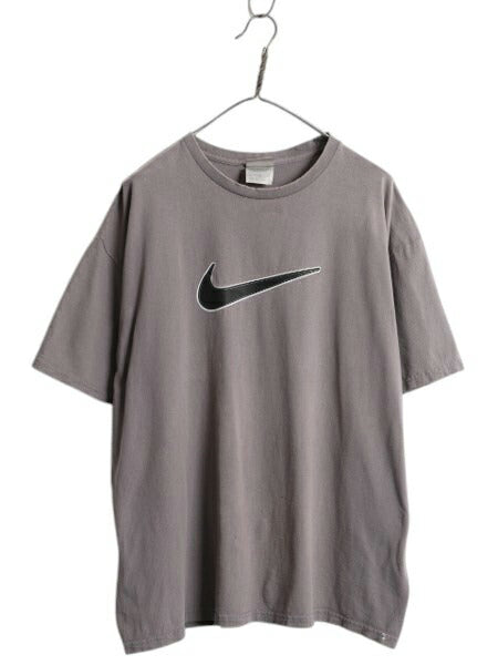 雰囲気系 00s ナイキ ビッグ スウッシュ プリント 半袖 Tシャツ メンズ XL 古着 オールド 大きいサイズ ロゴ チャコール グレー カットソー