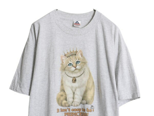 90s ネコ イラスト プリント Tシャツ メンズ レディース XL オールド アニマル 猫 ジョーク グラフィック ヘビーウェイト 大きいサイズ 灰