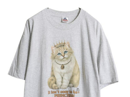 90s ネコ イラスト プリント Tシャツ メンズ レディース XL オールド アニマル 猫 ジョーク グラフィック ヘビーウェイト 大きいサイズ 灰