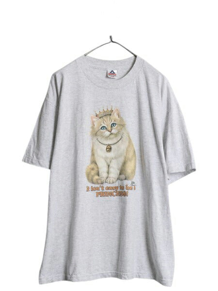 90s ネコ イラスト プリント Tシャツ メンズ レディース XL オールド アニマル 猫 ジョーク グラフィック ヘビーウェイト 大きいサイズ 灰