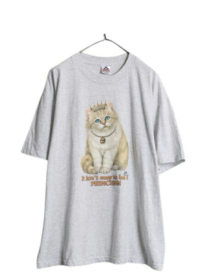 90s ネコ イラスト プリント Tシャツ メンズ レディース XL オールド アニマル 猫 ジョーク グラフィック ヘビーウェイト 大きいサイズ 灰