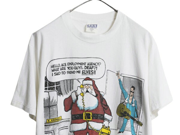 90s USA製 ジョーク キャラクター イラスト プリント Tシャツ メンズ L 古着 オールド エルビス プレスリー グラフィック アート サンタ 白