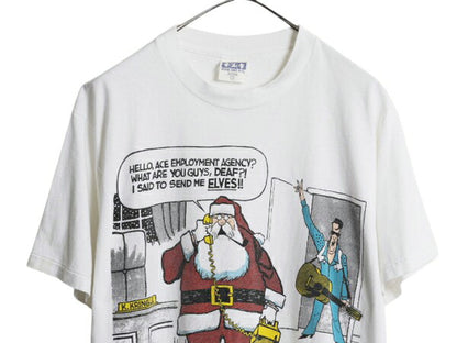 90s USA製 ジョーク キャラクター イラスト プリント Tシャツ メンズ L 古着 オールド エルビス プレスリー グラフィック アート サンタ 白