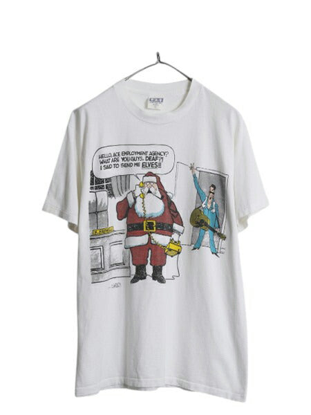 90s USA製 ジョーク キャラクター イラスト プリント Tシャツ メンズ L 古着 オールド エルビス プレスリー グラフィック アート サンタ 白