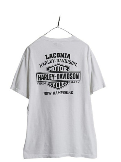 ハーレー ダビットソン 両面 プリント Tシャツ メンズ L 古着 オフィシャル ヘビーウェイト バイク イラスト グラフィック アート ロゴ 白
