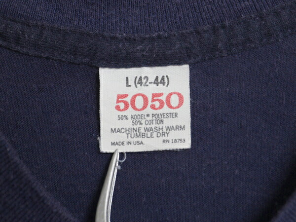 80s USA製 ポケット付き 無地 半袖 Tシャツ メンズ L 小さめ S 程/ 古着 ヴィンテージ シングルステッチ ポケT 耳付き カットソー ネイビー