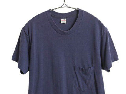 80s USA製 ポケット付き 無地 半袖 Tシャツ メンズ L 小さめ S 程/ 古着 ヴィンテージ シングルステッチ ポケT 耳付き カットソー ネイビー