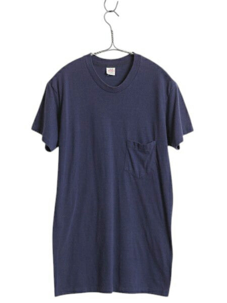 80s USA製 ポケット付き 無地 半袖 Tシャツ メンズ L 小さめ S 程/ 古着 ヴィンテージ シングルステッチ ポケT 耳付き カットソー ネイビー