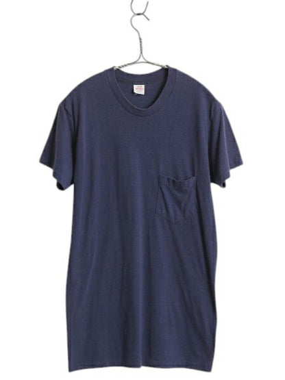 80s USA製 ポケット付き 無地 半袖 Tシャツ メンズ L 小さめ S 程/ 古着 ヴィンテージ シングルステッチ ポケT 耳付き カットソー ネイビー