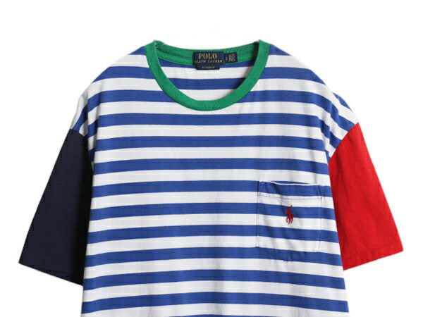 ポロ ラルフローレン ボーダー ポケット付き Tシャツ メンズ L / クレイジー パターン ポケT ワンポイント ポニー刺繍 マリン マルチカラー