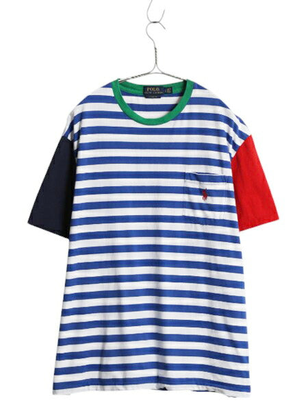 ポロ ラルフローレン ボーダー ポケット付き Tシャツ メンズ L / クレイジー パターン ポケT ワンポイント ポニー刺繍 マリン マルチカラー