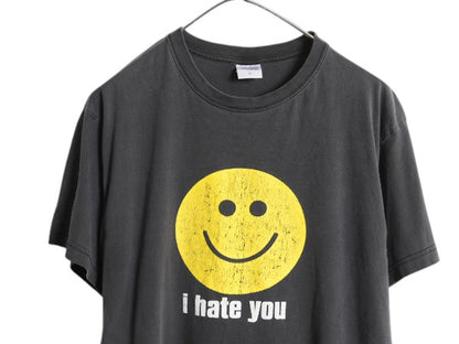 00s スマイル イラスト メッセージ プリント Tシャツ メンズ レディース M 古着 オールド キャラクター グラフィック アート ニコちゃん 黒