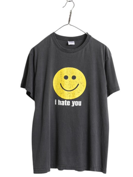 00s スマイル イラスト メッセージ プリント Tシャツ メンズ レディース M 古着 オールド キャラクター グラフィック アート ニコちゃん 黒