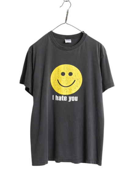 00s スマイル イラスト メッセージ プリント Tシャツ メンズ レディース M 古着 オールド キャラクター グラフィック アート ニコちゃん 黒