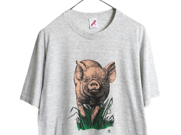 80s USA製 ブタ アート イラスト 両面 プリント Tシャツ メンズ XL 小さめ L 程/ ヴィンテージ アニマル グラフィック シングルステッチ 灰