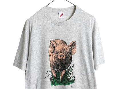 80s USA製 ブタ アート イラスト 両面 プリント Tシャツ メンズ XL 小さめ L 程/ ヴィンテージ アニマル グラフィック シングルステッチ 灰