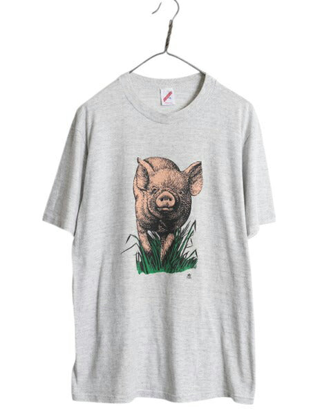 80s USA製 ブタ アート イラスト 両面 プリント Tシャツ メンズ XL 小さめ L 程/ ヴィンテージ アニマル グラフィック シングルステッチ 灰