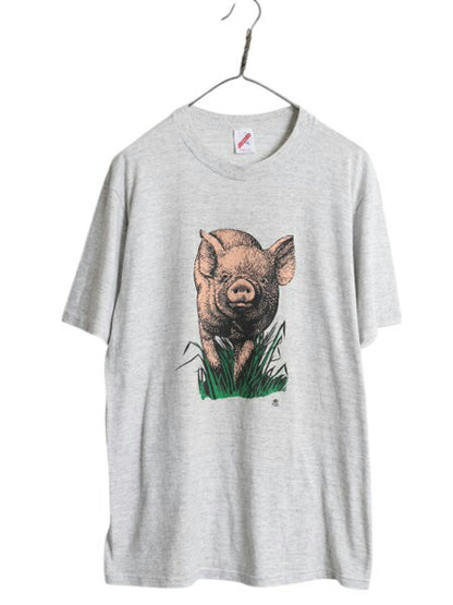 80s USA製 ブタ アート イラスト 両面 プリント Tシャツ メンズ XL 小さめ L 程/ ヴィンテージ アニマル グラフィック シングルステッチ 灰