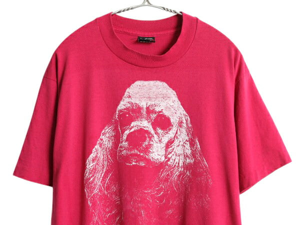 90s USA製 ドッグ アート イラスト プリント Tシャツ メンズ L / オールド アニマル 犬 グラフィック シングルステッチ カットソー ピンク