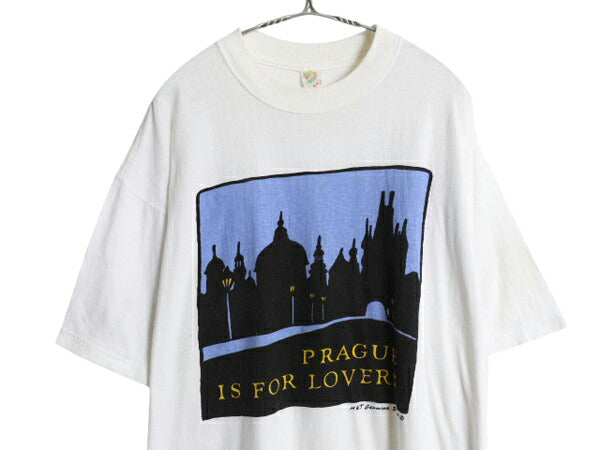 90s アート イラスト プリント Tシャツ メンズ XXL 小さめ XL / オールド グラフィック 大きいサイズ ヘビーウェイト カットソー 当時物 白