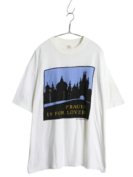 90s アート イラスト プリント Tシャツ メンズ XXL 小さめ XL / オールド グラフィック 大きいサイズ ヘビーウェイト カットソー 当時物 白